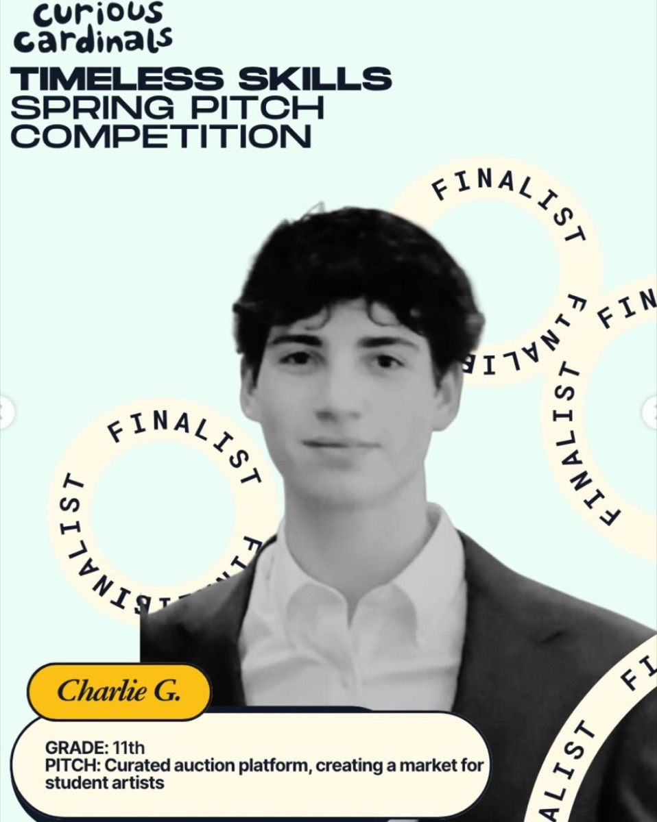 Curious Cardinals finalist card for Charlie G., grade 11, pitching a curated auction platform for student artists